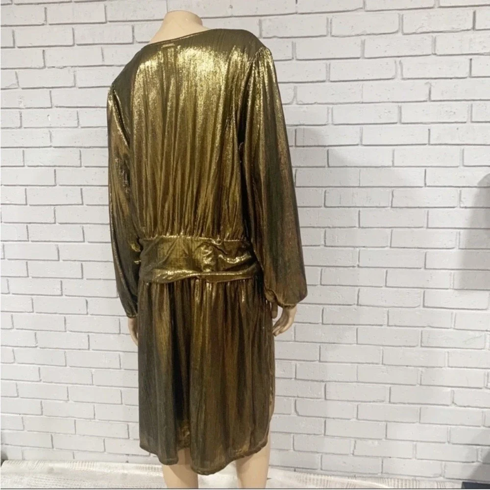 Michael Kors Gold Metallic Pleated Wrap V-Neck Holiday Dress 2X NWT
